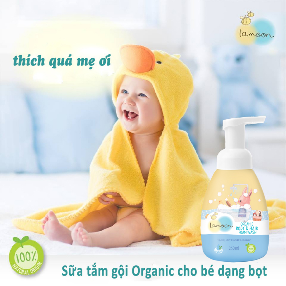 COMBO 2 Bình Sữa tắm gội Organic dạng bọt Lamoon 250ml TẶNG 1 Bình Sữa PP Ty Siêu Mềm Tự Nhiên 150ml