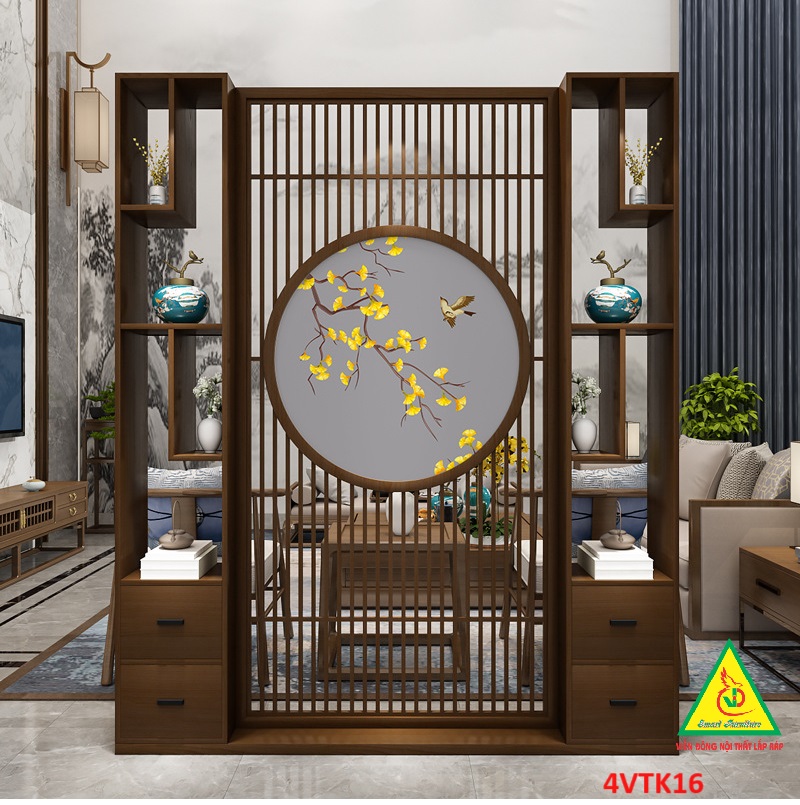 Vách ngăn phòng khách, vách ngăn tủ kệ bằng gỗ 4VTK16 - Nội thất lắp ráp Viendong adv