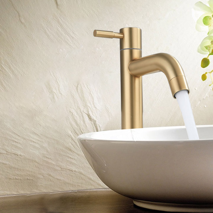 Vòi chậu rửa Lavabo nước lạnh, bằng inox 304 mạ màu vàng, loại dài 29.5cm lắp cho chậu lavabo nổi