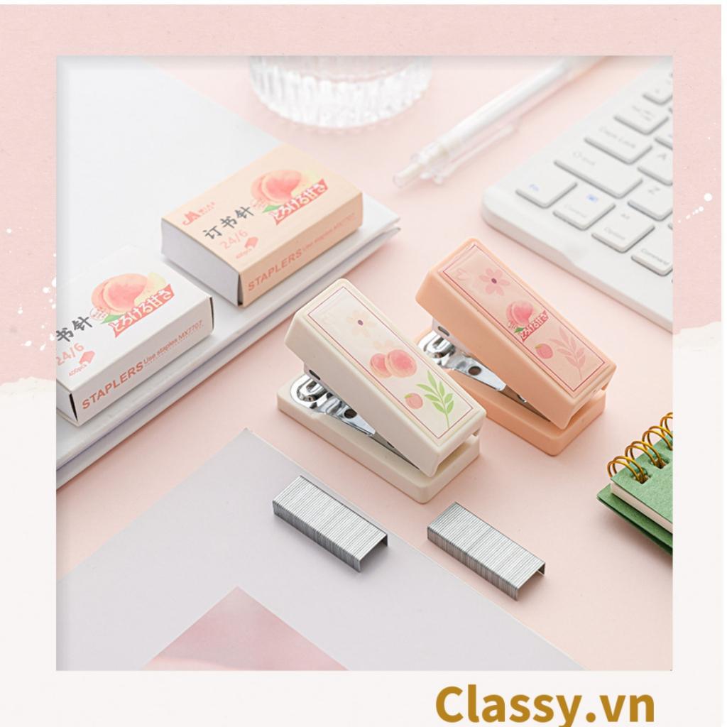 Bộ 400 Ghim bấm giấy Classy màu hồng đào xinh xắn, đi kèm bấm giấy văn phòng phẩm tiện lợi PK1694