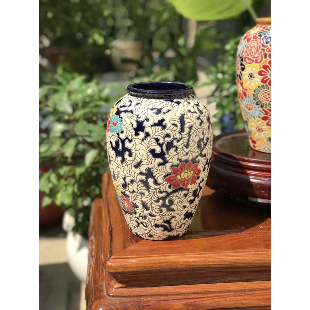 Bình Bông Gốm Sứ Bách Hoa, Dây Lá, Gốm Mỹ Nghệ Nam Bộ, Cao 22cm Cắm Hoa Trang Trí Decor