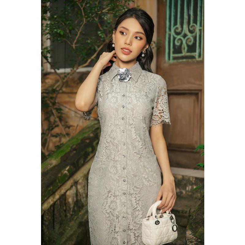 Đầm chất liệu ren chỉ Hàn Quốc, may hai lớp, dáng đầm sơ mi, cài cúc trước, tay ngắn CLARA MARE DRE4021
