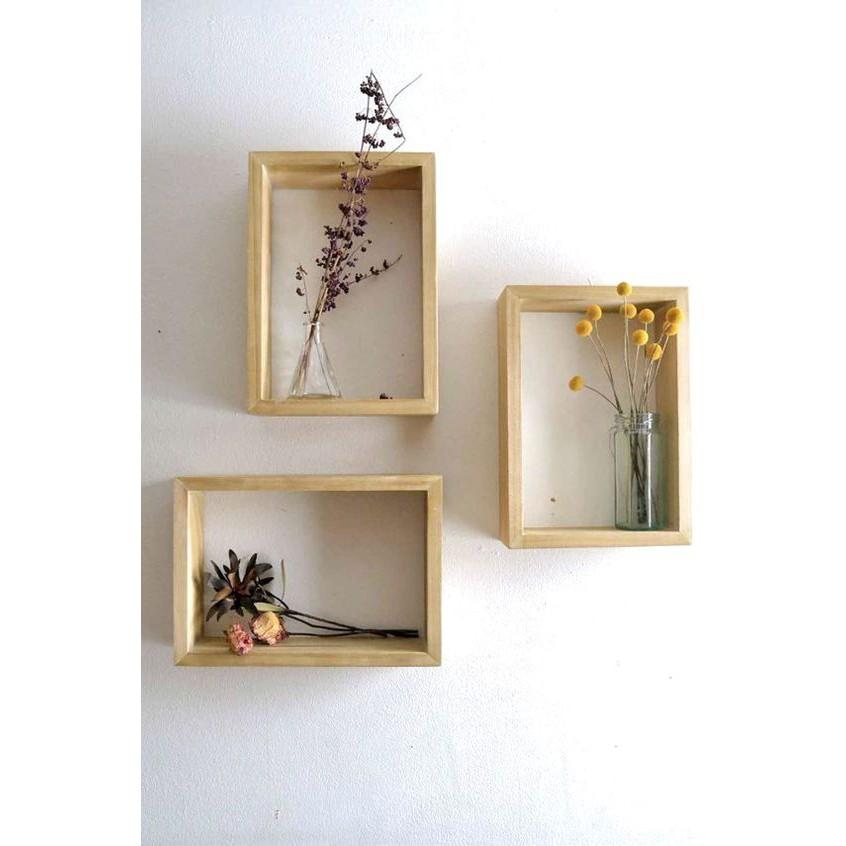 Set 3 kệ đựng đồ trang trí treo tường hình chữ nhật kích thước 40x30x10 gỗ thông tự nhiên