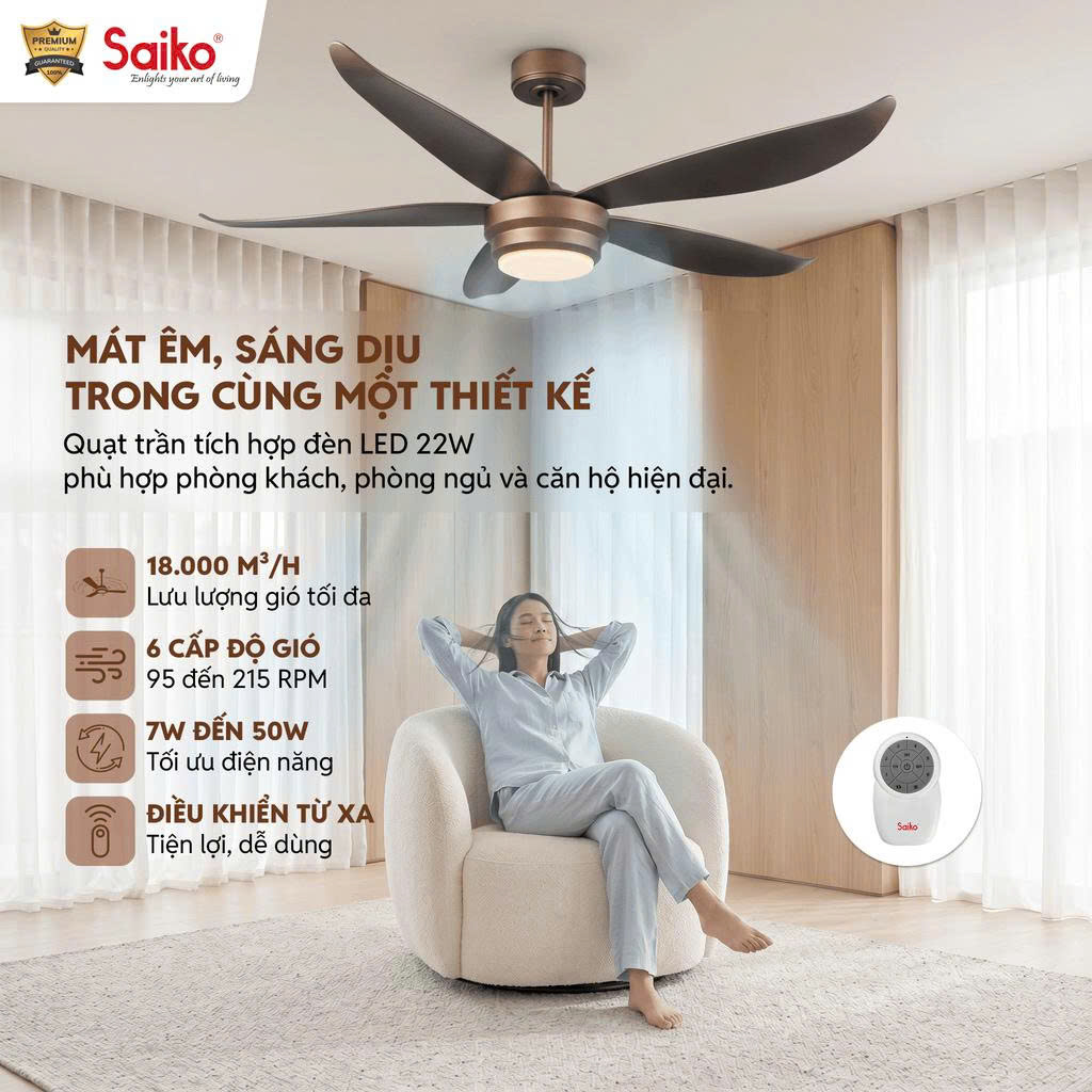 Quạt Trần Đèn LED 5 cánh Saiko CF-5451 DC 54 inch Hàng chính hãng