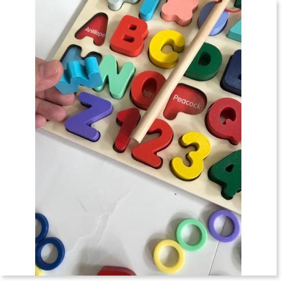 Đồ chơi gỗ bảng Montessori chữ cái,số, cọc đếm kèm câu cá cho bé