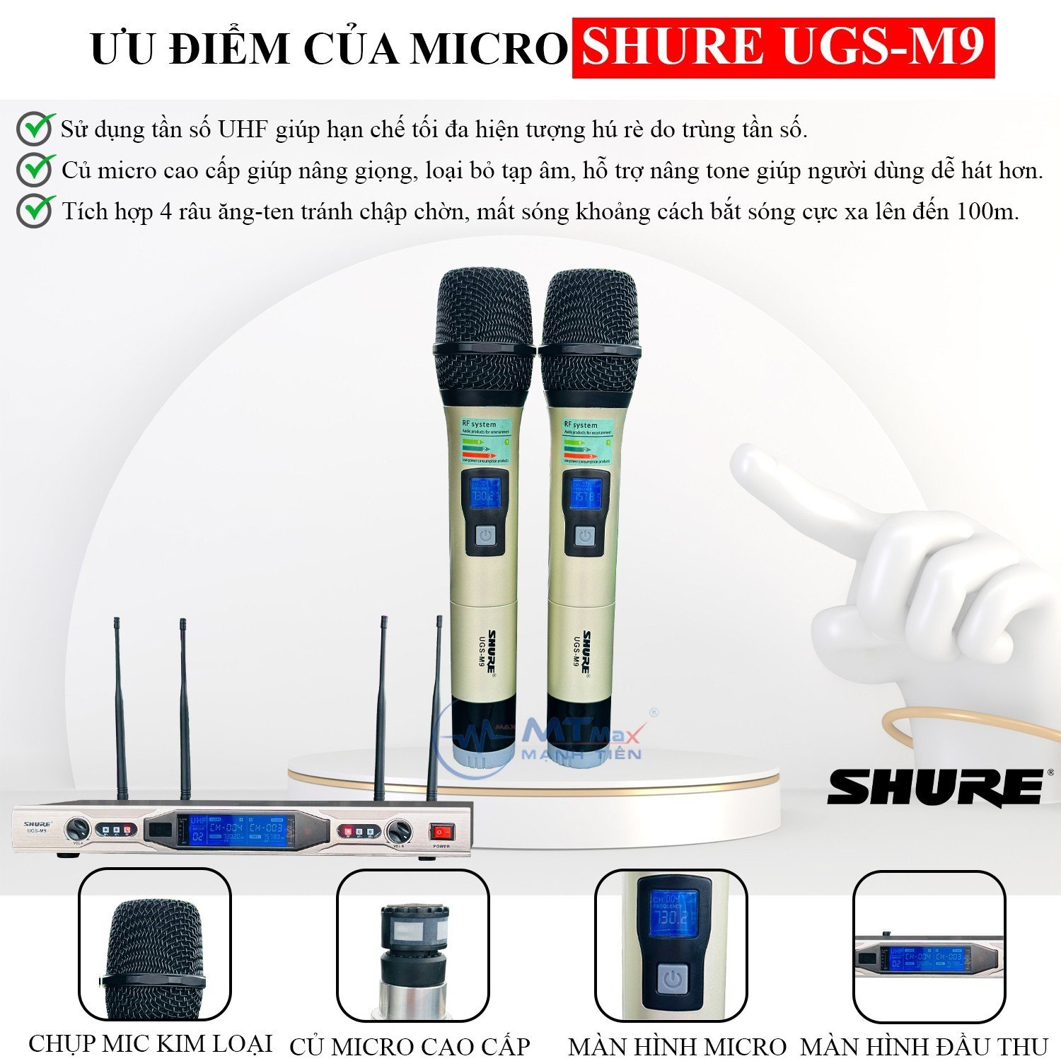 Micro Đầu Thu Lớn SHURE UGS M9 - Siêu Phẩm Micro Karaoke 4 Râu Cao Cấp Giá Rẻ Lọc Âm Nâng Giọng Chống Hú Rè Cực Tốt Bắt Sóng Xa Đến 100m hàng chính hãng