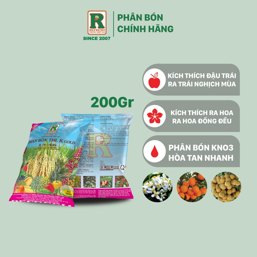 Phân bón KNO3 THL K Gold 13-0-46 kích thích ra hoa nghịch mùa, trái to ngọt 1kg và 200gr