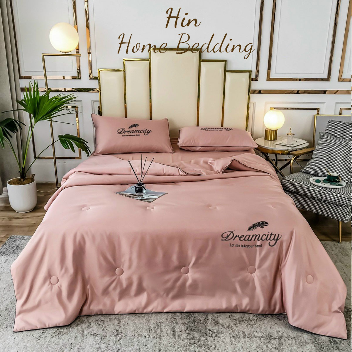 Bộ Chăn Ga Gối Đệm 5 Món Lụa Dream City Set Chăn Ga Drap Trải Giường Chăn Chần Bông Đẹp Hin Home Bedding Xanh Biển Đậm