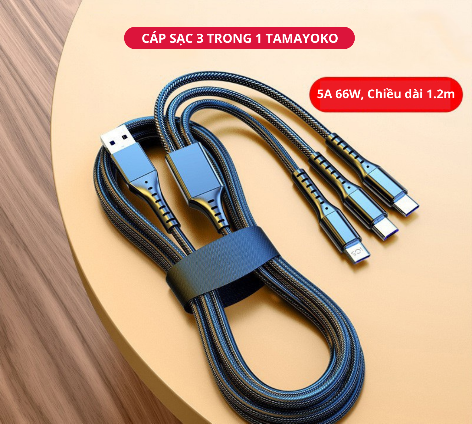 Cáp Sạc Nhanh 5A 66W 3 Trong 1 Chiều Dài 1,2m (3 in 1)  Dây Bọc Dù Siêu Bền Chống Đứt Gãy - Hàng Chính Hãng Tamayoko