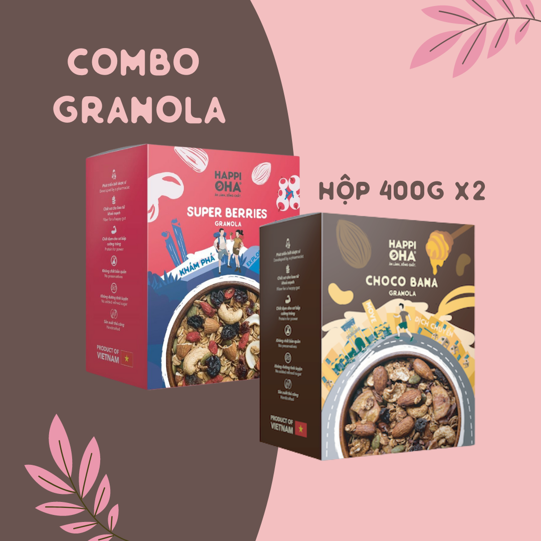 Combo ngũ cốc 8 loại hạt trái - Vị cacao & vị quả mọng - Không đường tinh luyện/phụ gia - HAPPI OHA GRANOLA
