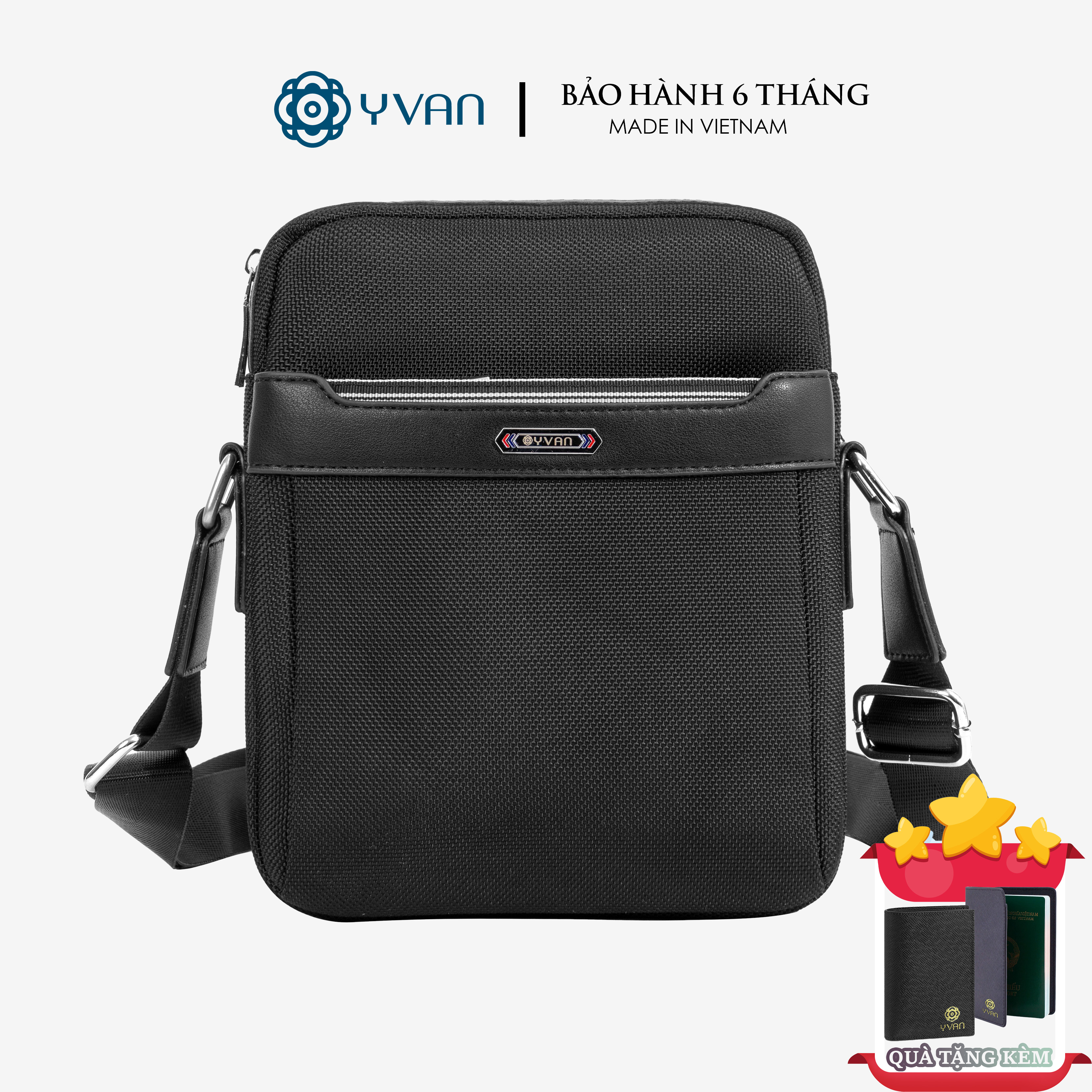 Túi đeo chéo nam màu đen trơn basic vải nylon cao cấp chống thấm nước chính hãng YVan 26001