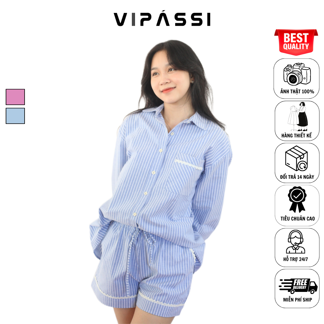 VIPÁSSI Quần Short Cotton Sọc Lưng Thun Dây Rút Túi Xẻ Họa Tiết Ren