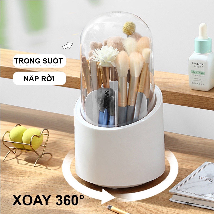 Hộp Nhựa Đựng Cọ Trang Điểm Trong Suốt Chống Bụi Tiện Dụng Xoay 360 - ống cắm bút viết nhiều ngăn - tặng kèm sticker