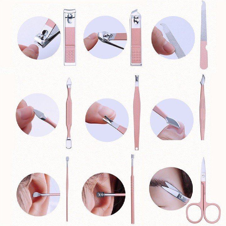 DỤNG CỤ LÀM NAIL - BỘ CẮT TỈA MÓNG TAY, CHÂN 18 MÓN GỒM BẤM MÓNG, KÌM CẮT, KÉO, NHÍP, NGOÁY TAI,... BẰNG THÉP KHÔNG GỈ (KÈM HỘP ĐỰNG GIẢ DA MÀU HỒNG)