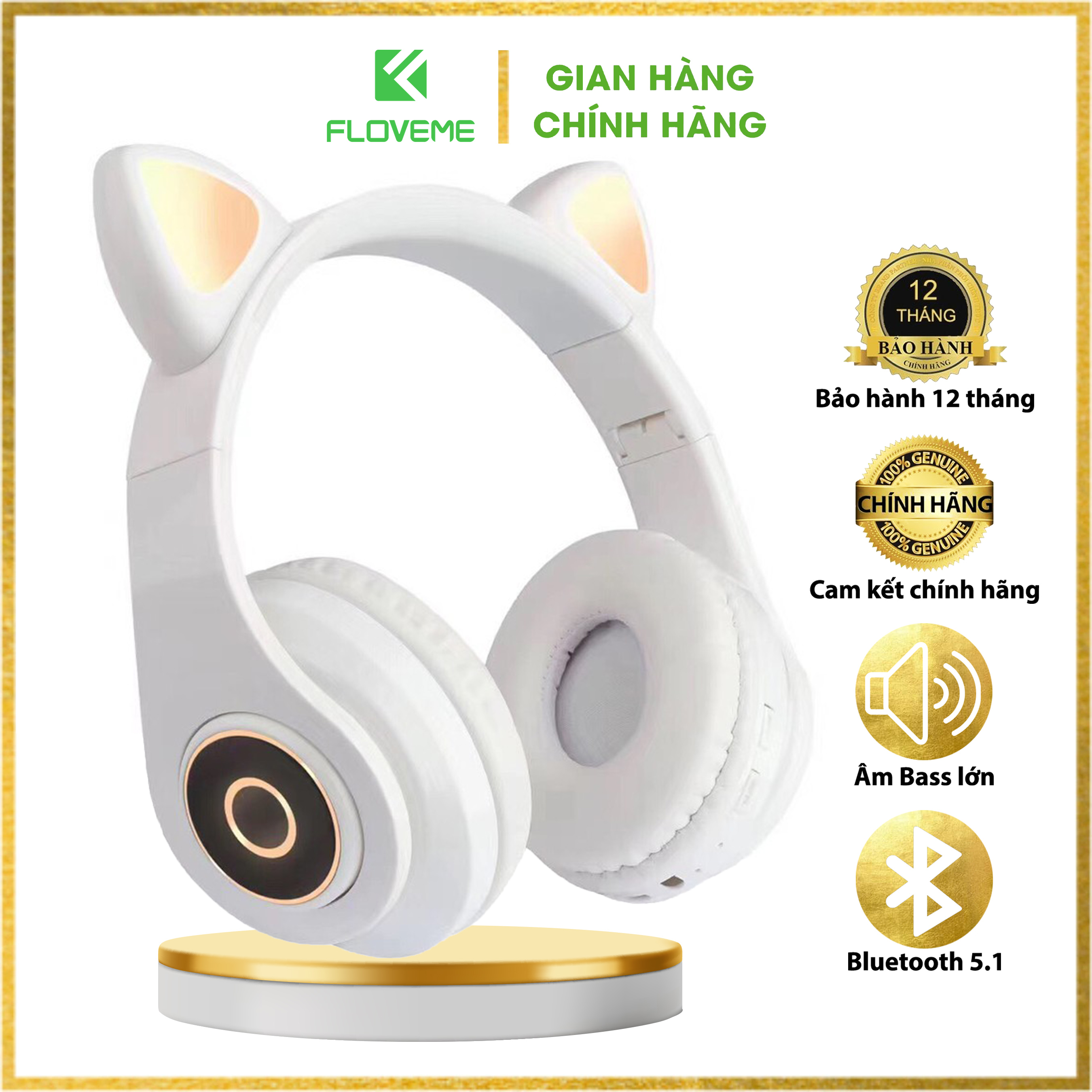 Tai nghe Bluetooth FLOVEME B39 tai mèo đáng yêu có mic đàm thoại cao cấp, có đèn phát sáng cute tai nghe thời trang - Hàng chính hãng