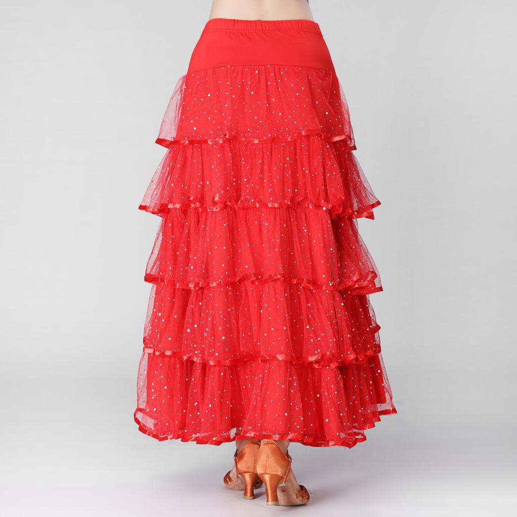 Womens Full Wing Flamenco Ballroom Modern Dance Skirt Full Swing Mesh Skirts