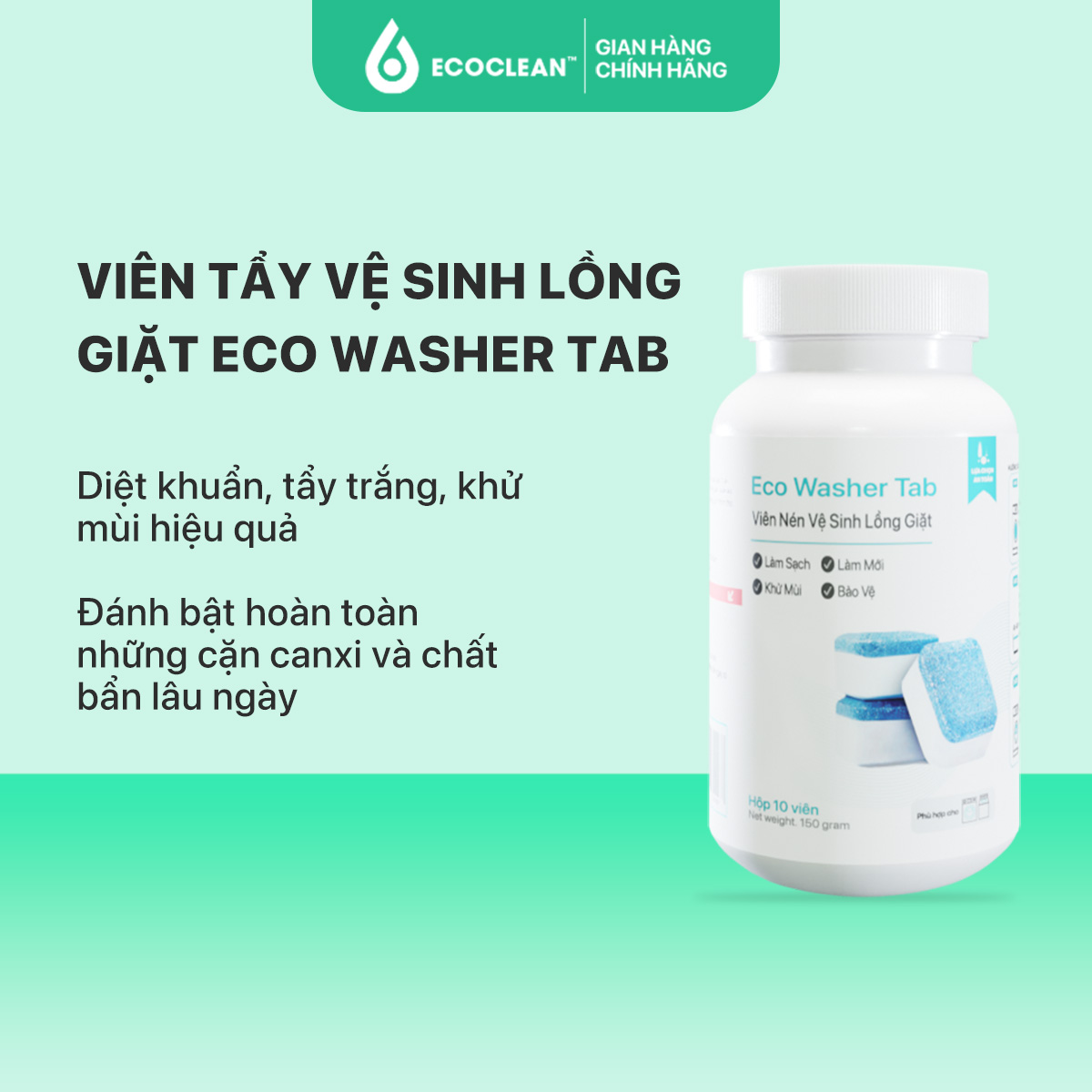 Viên Vệ Sinh Diệt Khuẩn, Khử Mùi Máy Giặt - Eco Washer Tab - KPTCHEM Hũ 10 và  20 viên