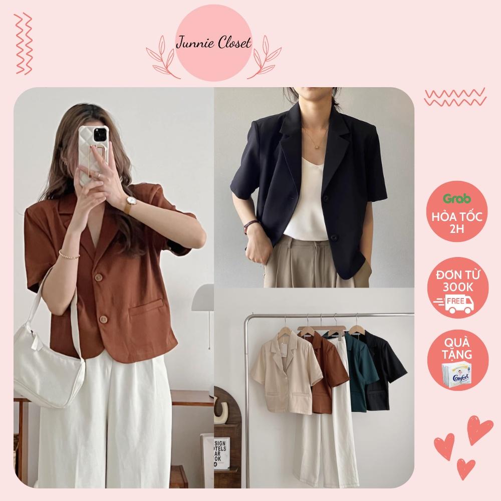 Áo vest trơn dáng lửng 1 lớp Blazer cộc tay có đệm vai croptop Junnie Closet