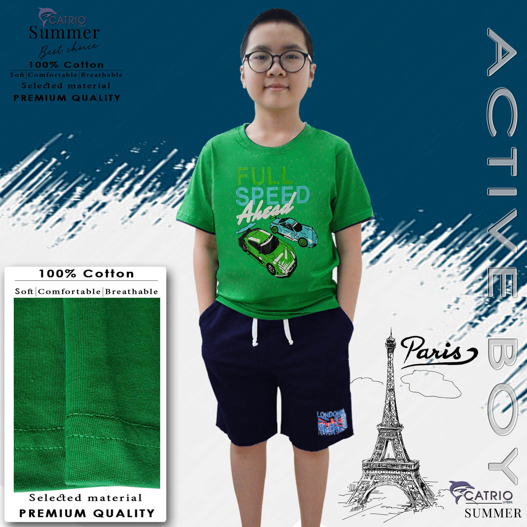 ÁO PHÔNG BÉ TRAI NGẮN TAY CATRIO là áo thun trẻ em tay ngắn từ 5 tuổi đến 12 tuổi vải 100% Cotton in FULL SPEED thuộc BST quần áo trẻ em mùa hè CATRIO màu XANH LÁ