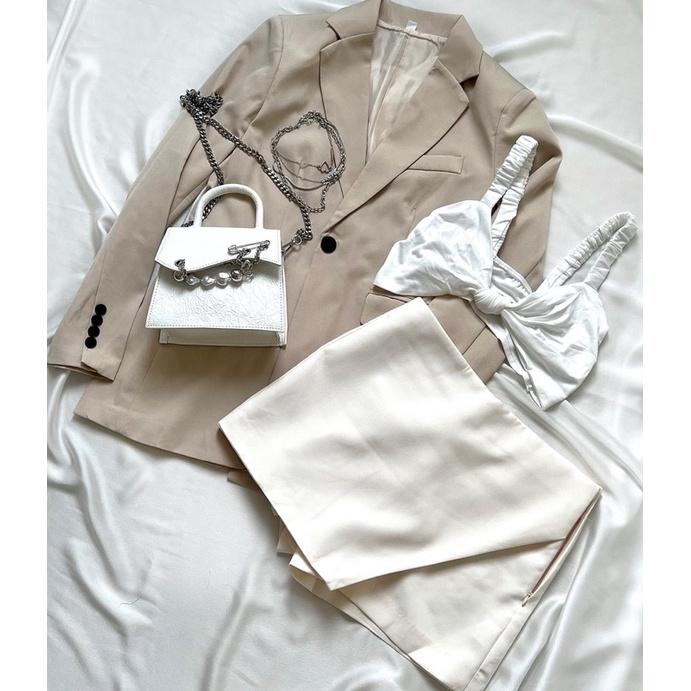 Áo khoác blazer beige - Quần giả váy trắng kem