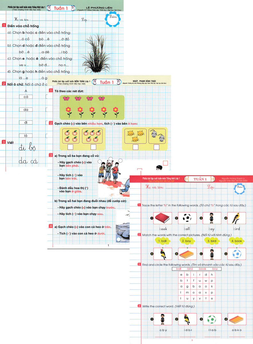 Combo Phiếu Bài Tập Cuối Tuần Môn Toán - Tiếng Việt - Tiếng Anh Lớp 1 (Theo Chương Trình Tiểu Học Mới)