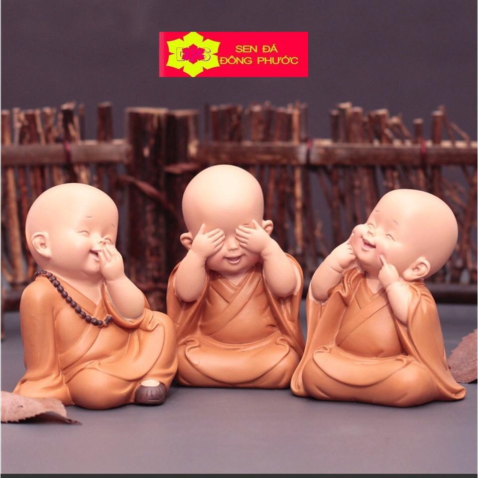 -Bộ 12 tượng chú tiểu áo lam chất liệu composite - 4 bộ Tam Không, An Nhiên Yêu đời, Hạnh Phúc - Phụ kiện trang trí