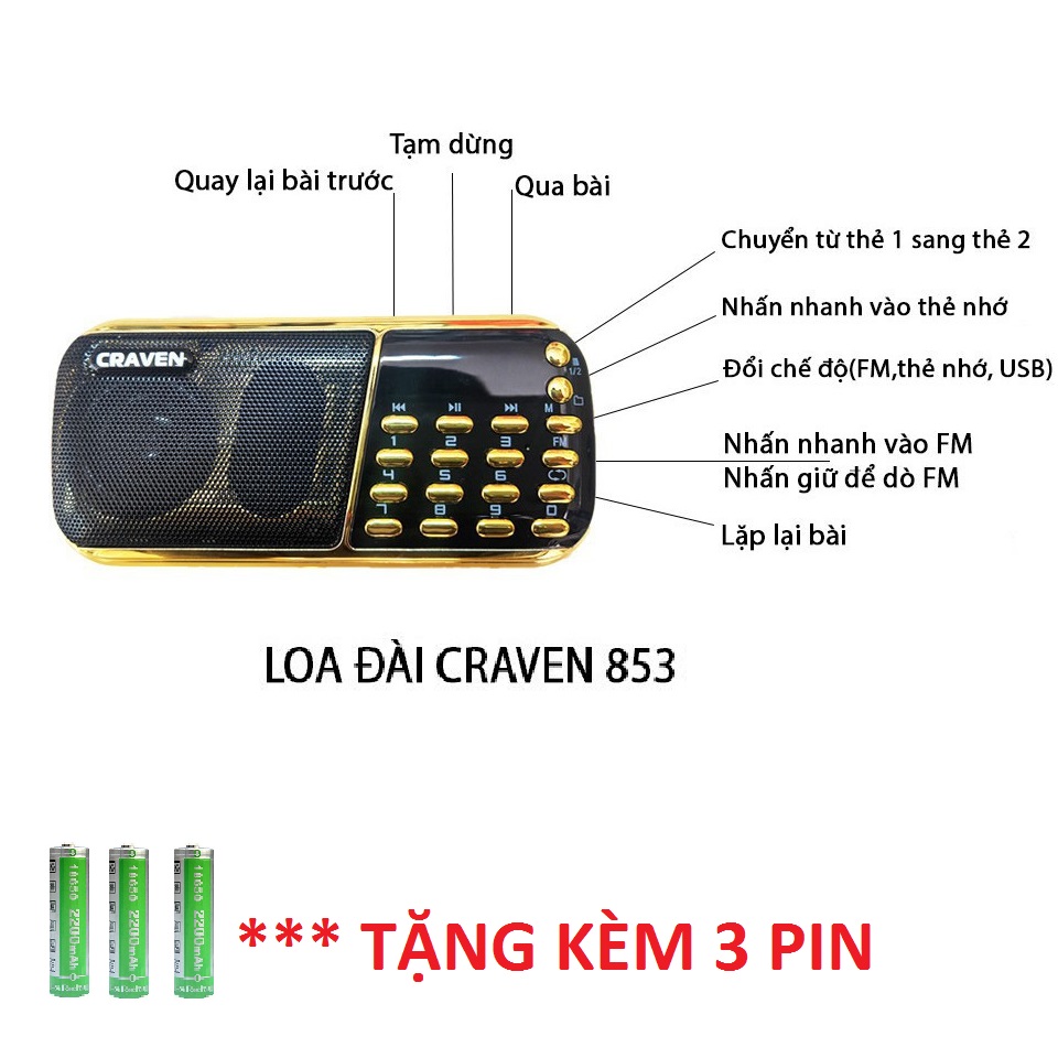Loa Đài CRAVEN CR-853, 3 Pin Siêu Khỏe, Nghe Pháp Niệm Phật, Giúp Bé Học Tiếng Anh, Hỗ Trợ USB/Thẻ Nhớ/Đài FM-HÀNG CHÍNH HÃNG
