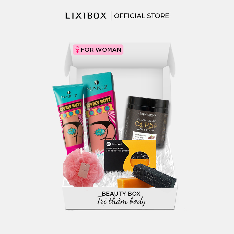 Beauty Box - Trị Thâm Body ( Combo Kem Trị Thâm Mông Bẹn Nách Nakiz, Xà Phòng Tẩy Tế Bào Chết, Bông Tắm Lixibox,Tẩy Tế Bào Chết Cafe Milaganics 280gr))