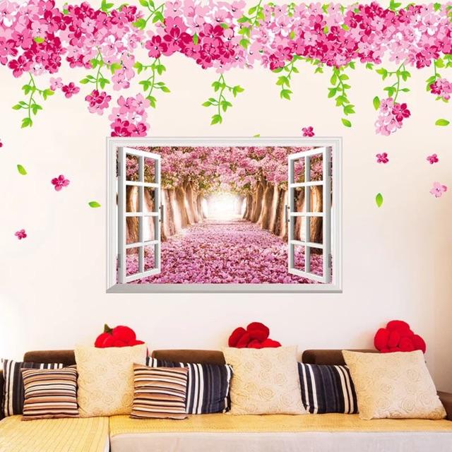 BỘ COMBO DECAL GHÉP ĐÔI dán tường - Trần Nhà Hoa Hồng và Cửa Sổ Rừng Hồng
