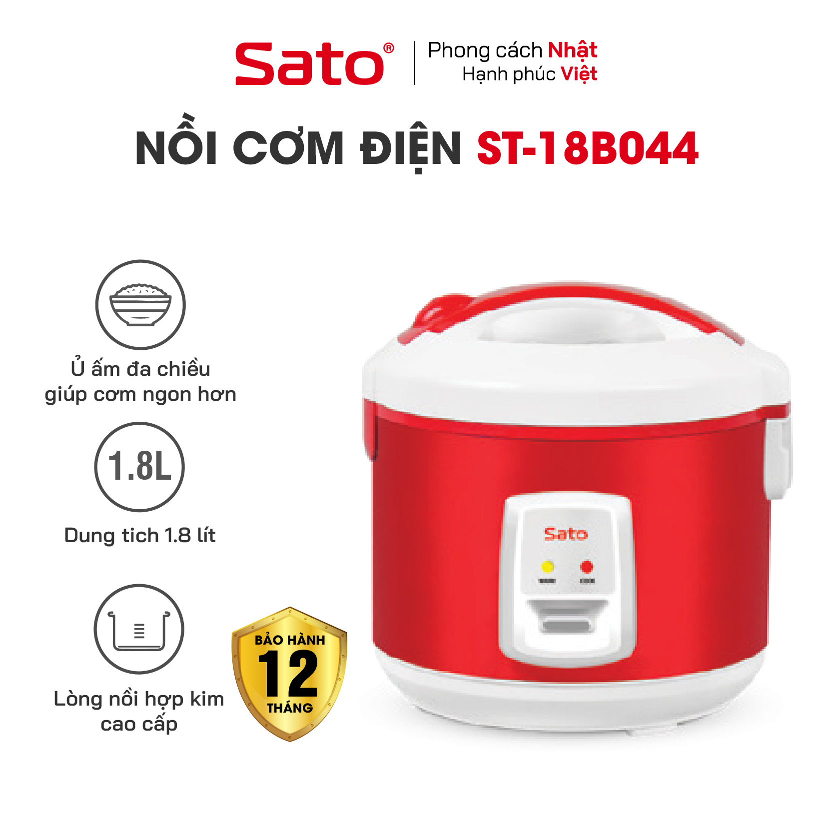 Nồi cơm điện SATO 18B044 1.8L - Lòng nồi hợp kim nhôm phủ chống dính cao cấp, an toàn cho sức khỏe - Miễn phí vận chuyển toàn quốc - Hàng chính hãng