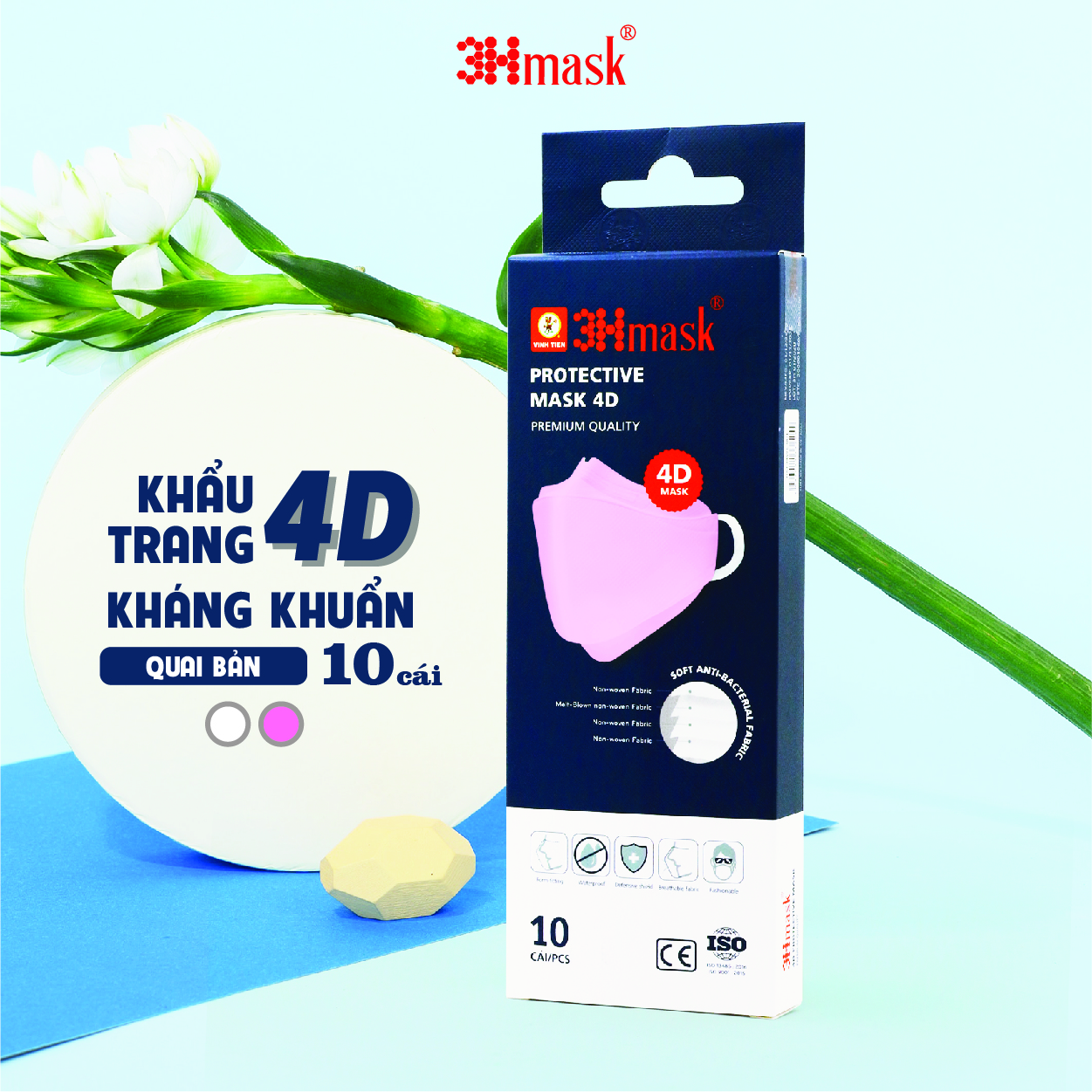 [Thùng 50 hộp] Khẩu Trang 3Hmask 4D Quai Bản Hồng (10 cái x 50 hộp)