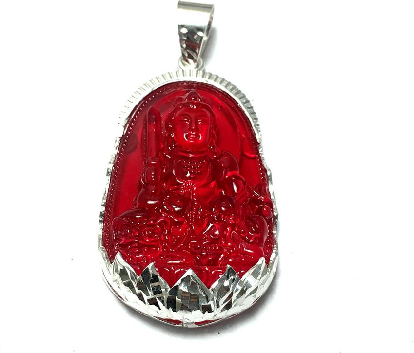 Mặt dây nam bản mệnh ngài Van Thù Bồ Tát màu ĐỎ bọc đài sen bạc ta phay sáng bóng cho người tuổi Mão Bạc QTJ - MBM24