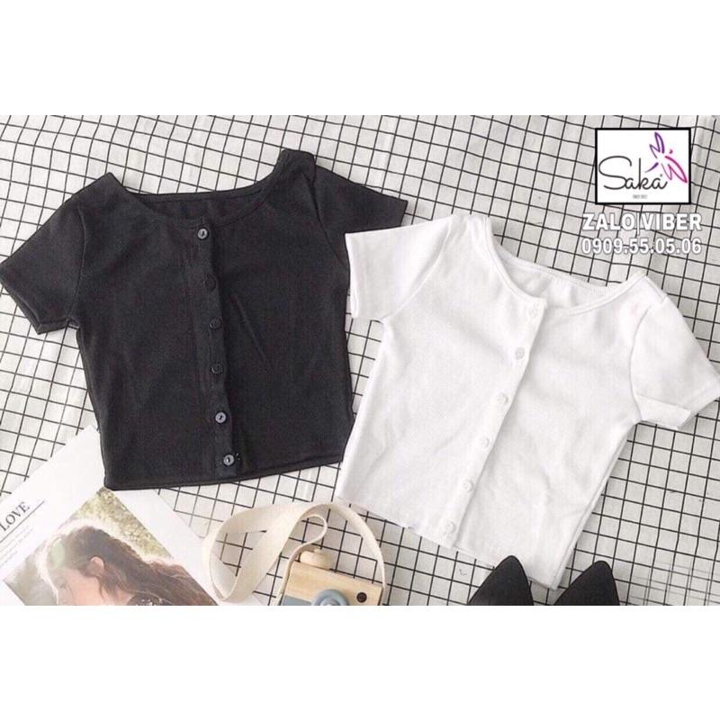 Áo croptop nút trắng &amp; đen vải thun gân tăm loại xịn