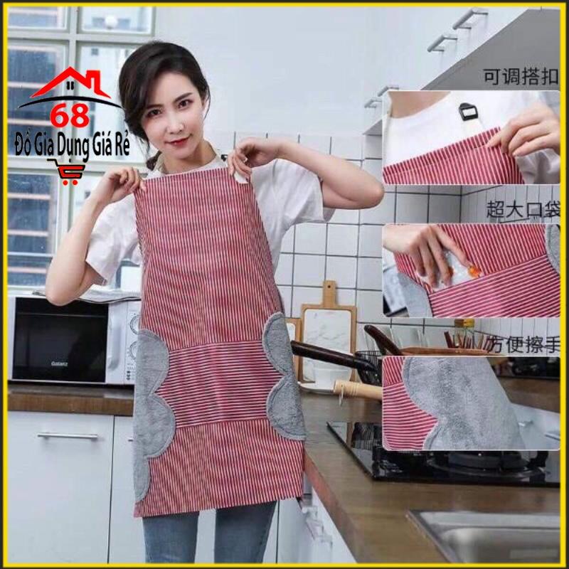 Tạp dề chống thấm nước kẻ hoa có khăn lau tay bên hông có túi để điện thoại