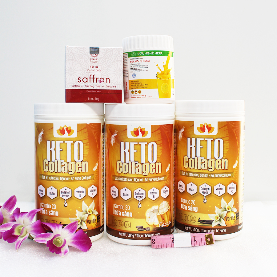 Combo 3 hộp Keto Collagen 500g  - Bữa ăn Keto hỗ trợ GIẢM CÂN SIÊU TIỆN LỢI cho người thực hành Keto và người muốn giảm cân - Giảm 3-7Kg/ 1 tháng [Tặng 1 Sữa nghệ Hera 100g giúp hỗ trợ giảm đau bao tử, 1 hộp Mặt nạ Saffron sữa ong chúa và 1 Th