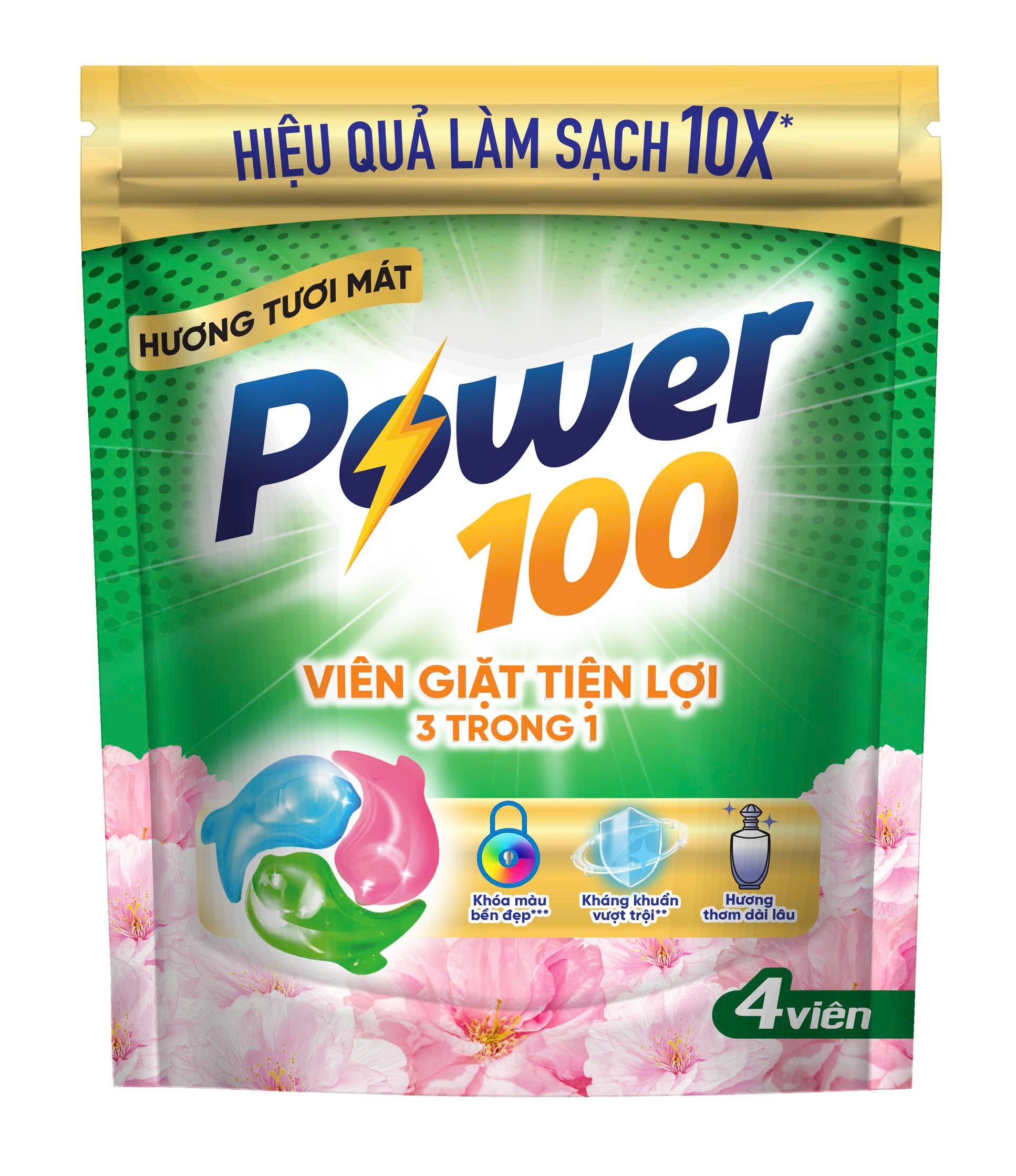 Viên Giặt Tiện Lợi Power100 3in1 Hương Tươi Mát Túi 4 Viên
