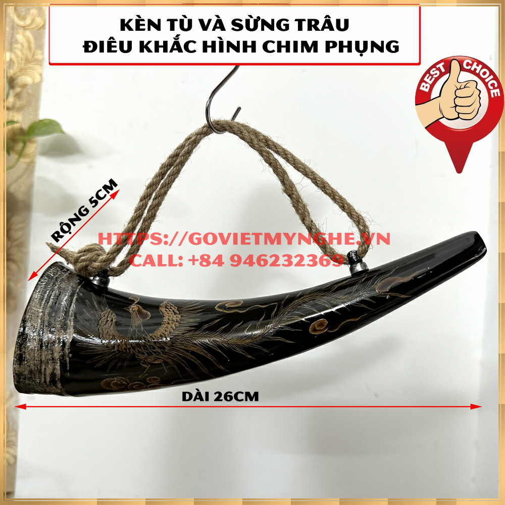 Kèn tù và sừng trâu tự nhiên - điêu khắc hình chim Phụng - Lưỡi gà bằng đồng cho âm thanh to vang xa - Màu sắc sừng tự nhiên