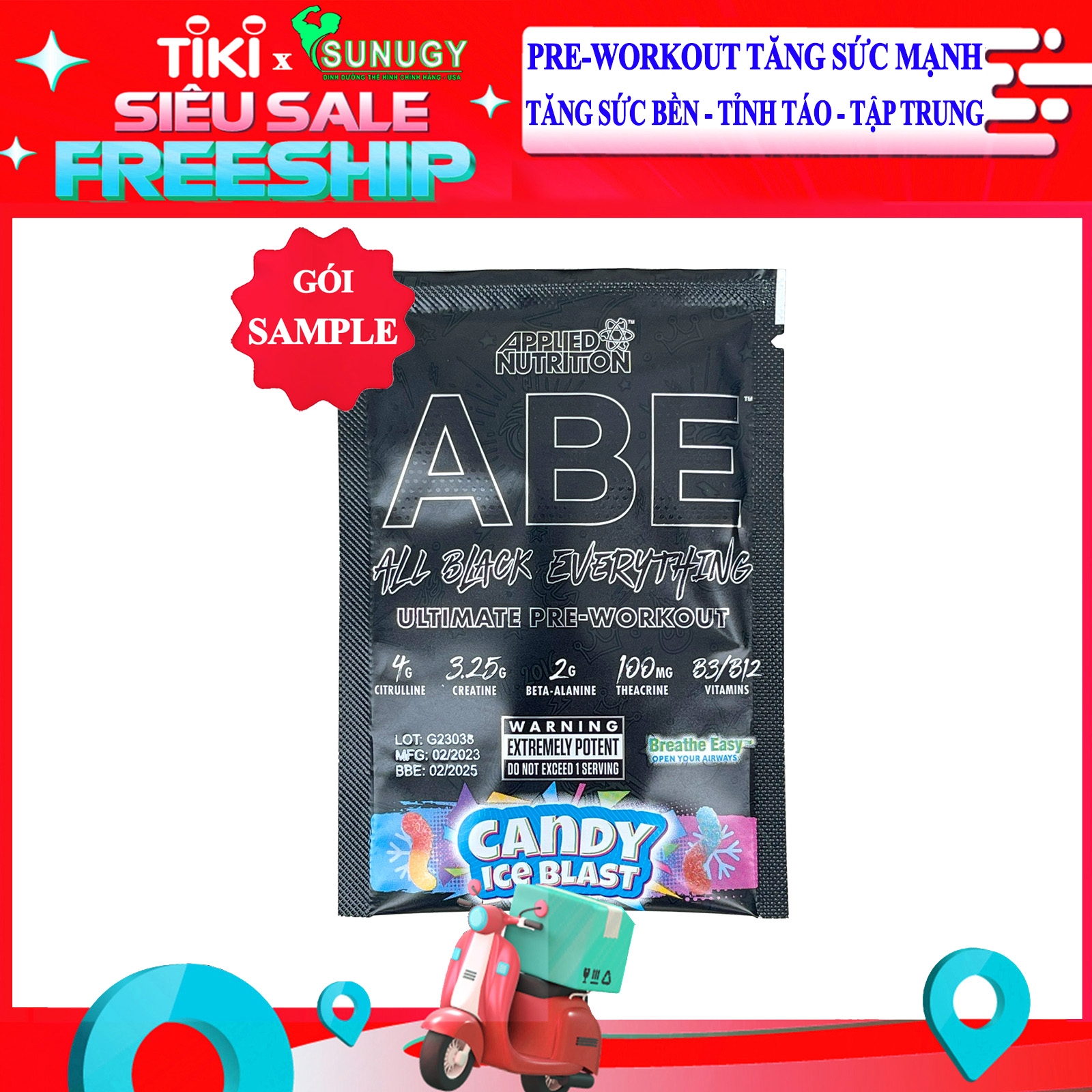 Gói dùng thử Sample - Pre workout ABE của Applied Nutrition - Tăng sức bền, sức mạnh tập luyện, tăng tỉnh táo tập trung - Hàng chính hãng