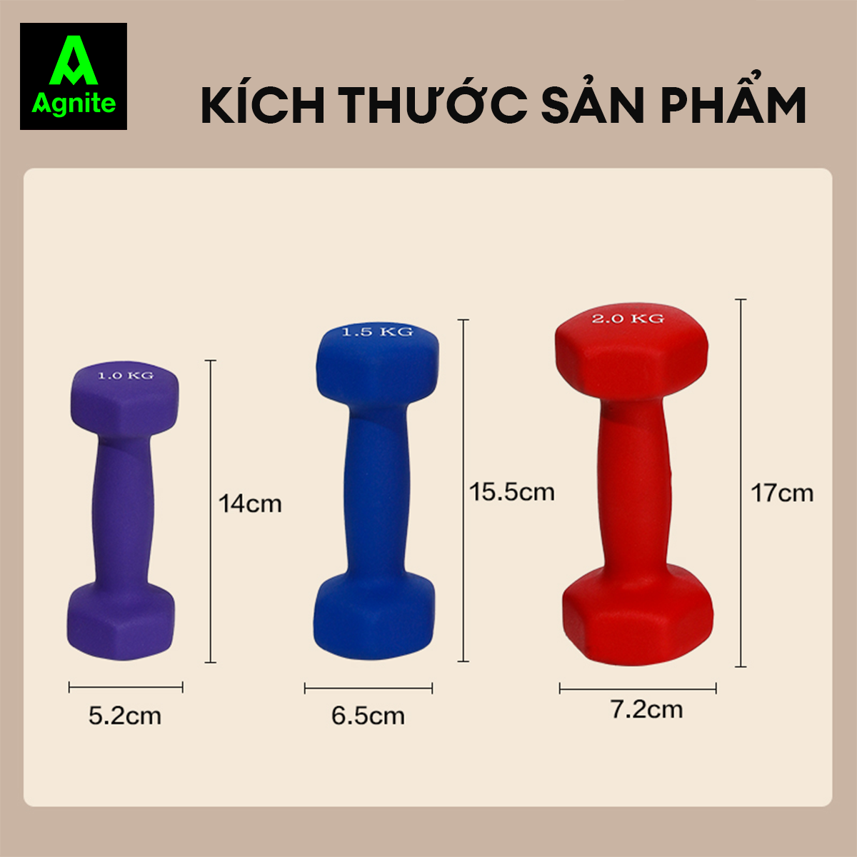 Tạ tay nam nữ nhiều mức chính hãng Agnite - PVC bọc gang siêu bền - dụng cụ hỗ trợ gym, pilates - ER081/ER082/ER083