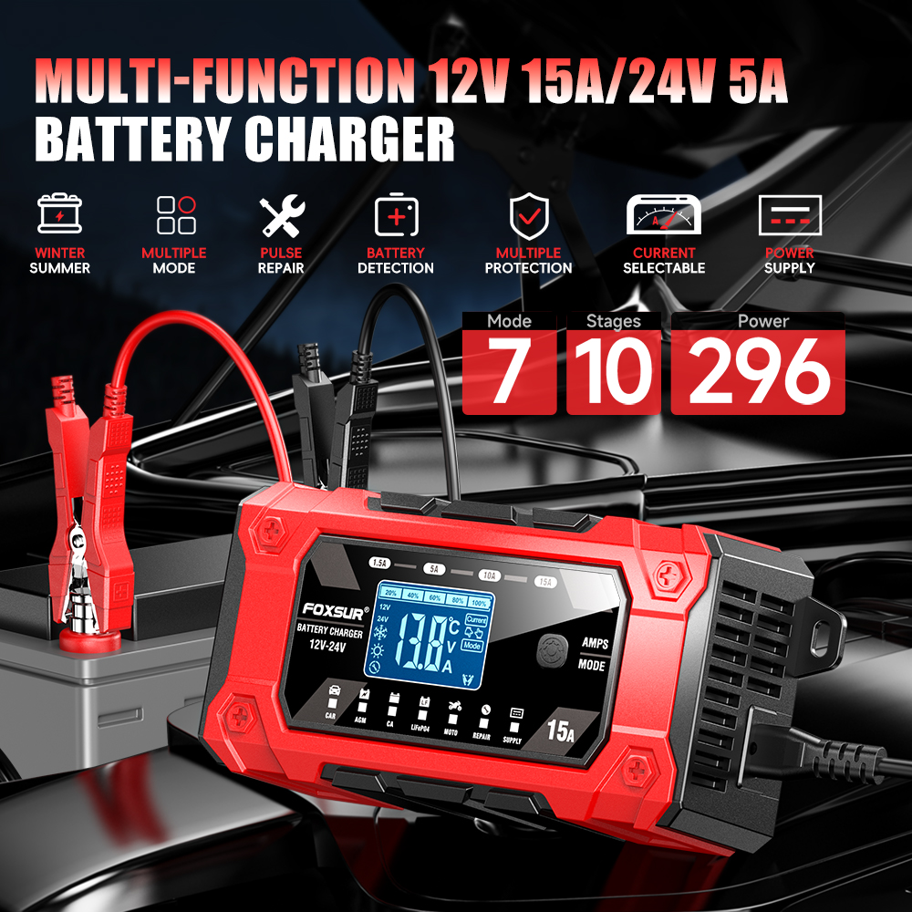 Bộ sạc ắc quy FOXSUR 15D thông minh FBC122415D 12V 15A 24V 5A 6AH - 250AH khử sunfat và tự động ngắt hàng chính hãng