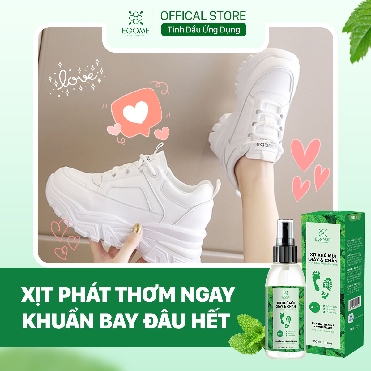 Xịt Khử Mùi Giày Và Chân Egome Tinh Dầu Bạc Hà làm sạch và thơm mát 100ml