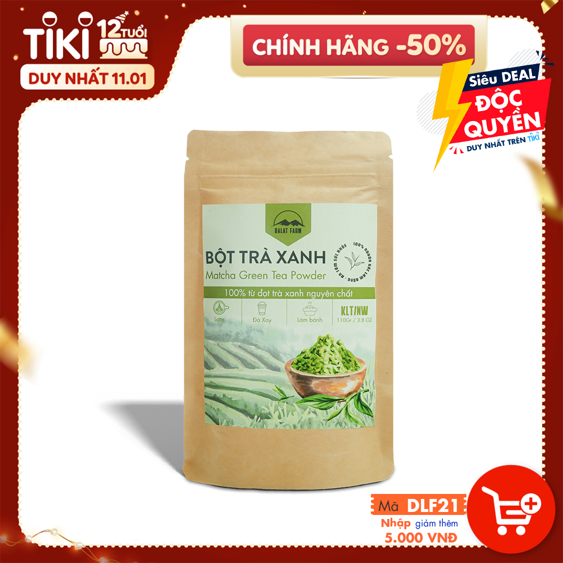 Bột Matcha Trà Xanh Dalat Farm - Túi 110Gr