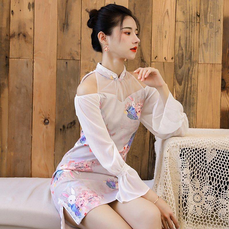 Sườn xám cách tân dáng dài xẻ tà tôn dáng Quảng châu ,Sườn xám xẻ tà thỏ cách tân