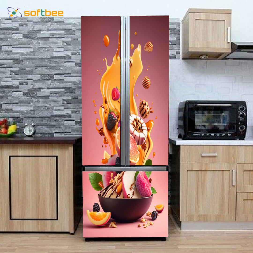 Decal dán tủ lạnh máy giặt in hình rau củ phông hồng, gồm 4 kích thước chọn lựa, keo bám dính tốt