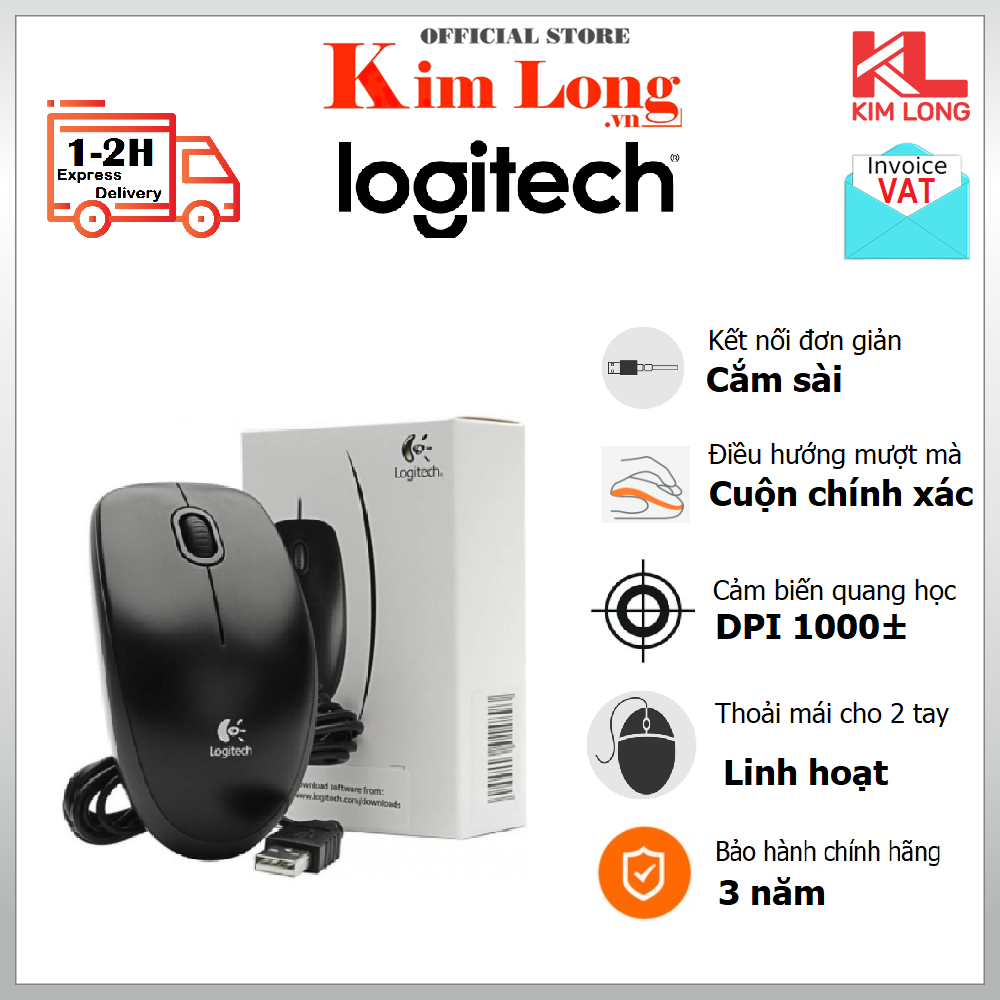 Chuột Logitech B100 Optical, có dây USB - Hàng chính hãng