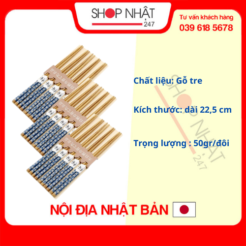 Combo 3 bộ 5 đũa mẫu hoa xanh nội địa Nhật Bản