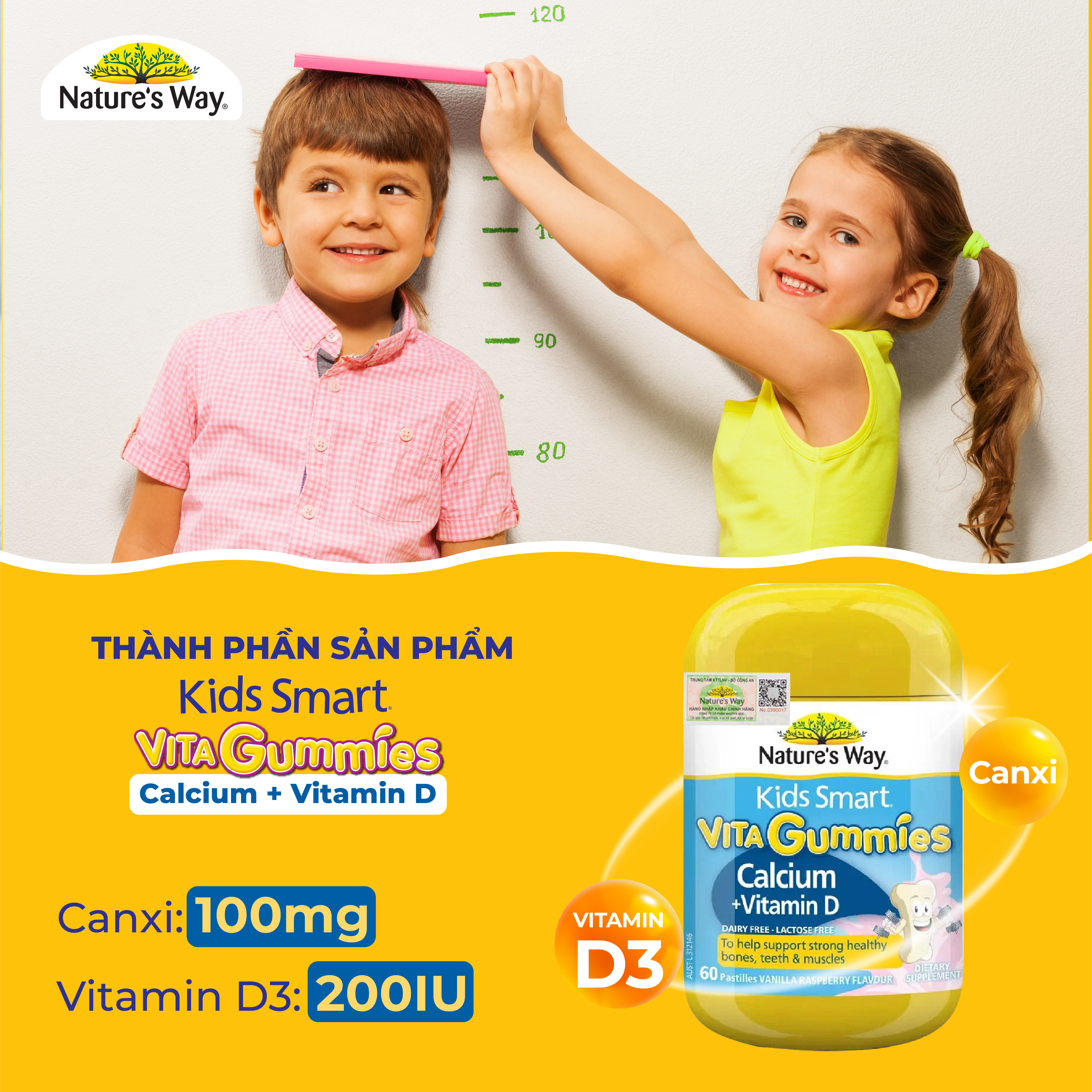 Kẹo Dẻo Vi Chất Cho Bé Nature’s Way Kids Smart Vita Gummies Calcium + Vitamin D Hỗ Trợ Phát Triển Chiều Cao 60 Viên