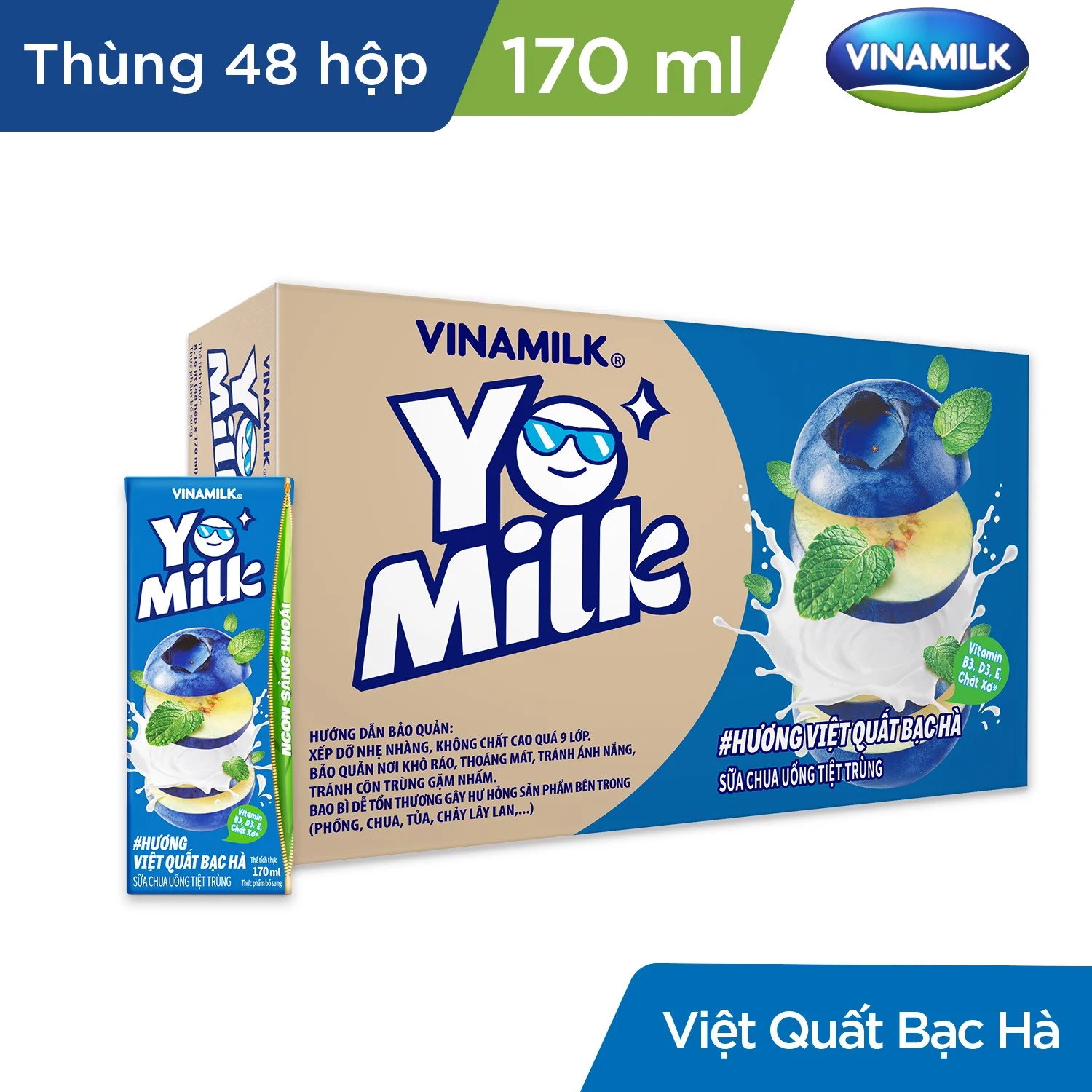 Sữa chua uống Vinamilk Yomilk hương việt quất bạc hà - Lốc 4 hộp 170ml