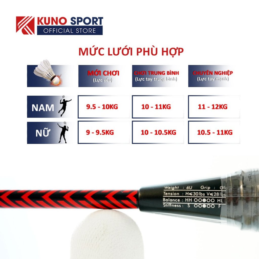 Vợt Cầu Lông Kuno Super Light K88, 6U Thân Dẻo, Công Thủ Toàn, Căng Sẵn 10kg