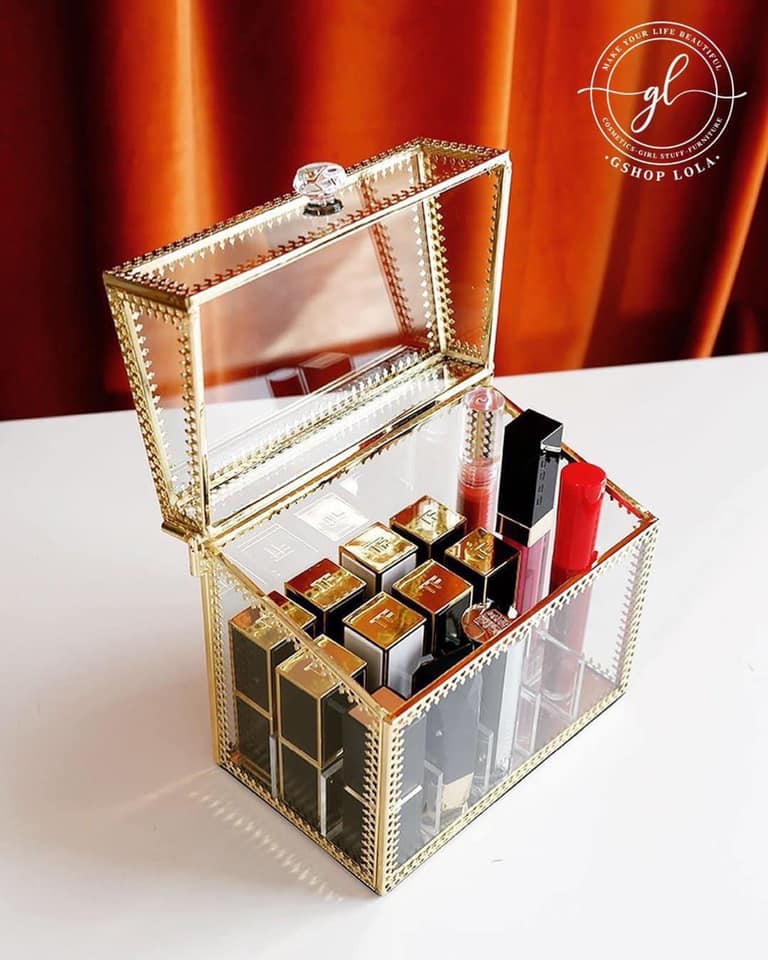 Hộp đựng đồ trang điểm thủy tinh viền gold